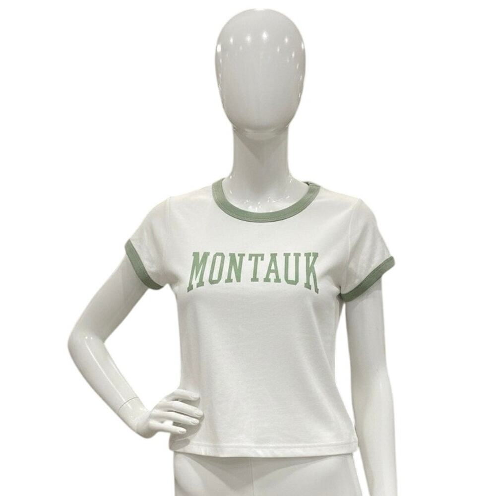 Forever 21 Montauk Ringer T-Shirt Crop Top White Green Short Sleeve Womens S